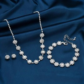 Resweky 3Pcs Wedding Necklace Earrings Sets Silver Rhinestone Bridal Flower Pendant Necklace Bridal Jewelry Set Wedding Accessories for Women