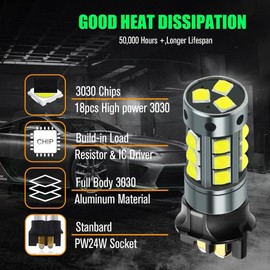 YEORO 2pcs PW24W LED Bulb White,AC/DC 9-30V 1200LM PWY24W 12181NA 12174 12182 LED DRL Daytime Running Parking Light Turn Signal Light for Cars. (White)