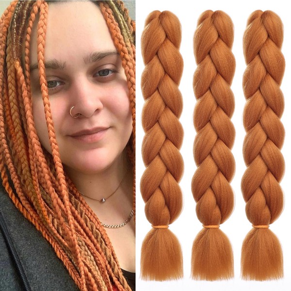 EMMOR Jumbo Braiding Hair Extensions, 24 Inches, High Temperature Resistant Synthetic Fibres, Pack of 3 Pre-Stretched Box Braids Braiding Hair, Twist Braids, Crochet with Kanekalon (Ginger Orange)