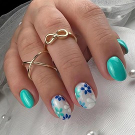 Flower Press on Nails Short Oval Fake Nails Glossy Fresh Green Acrylic False Nail Tips Cute Stick on Nails Summer Artificial Full Cover Floral Glue on Nails for Women Girls Finger Manicure 24pcs