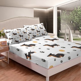 Castle Fairy Cute Dachshund Dog Bed Sheet Twin Size,Ball Bones Paw Print Fitted Sheet for Girls Child Bedroom Decor,Cartoon House Pet Animal Themed Soft Microfiber Bed Cover(1 Fitted + 1 Pillow Sham)