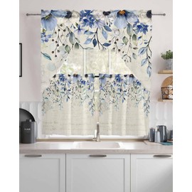 Blue Spring Floral Kitchen Curtains Swag Valance and Tier Curtains Set 24 Inch Length, Rod Pocket Drape Panels Pair Swag Curtains for Bathroom/Cafe/Window Elegant Botanical Summer Flowers Rustic