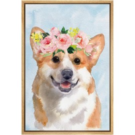SIGNLEADER Framed Canvas Print Wall Art Watercolor Corgi with Crown Animals Flower Illustrations Modern Art Contemporary Colorful Multicolor Pastel for Living Room, Bedroom, Office - 16"x24" NATURAL