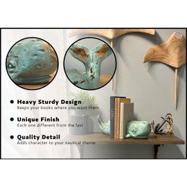 Verdigris Green Sperm Whale Head and Tail Bookends - Decorative Resin Nautical Bookshelf Organizers with Rustic Beach Charm and Unique Maritime Appeal