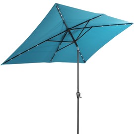 Sun-Ray Rectangular Patio Umbrella 6.6ft by 10ft with 22 Solar Powered LED Lights, Push-Button Tilt and Hand Crank Lift, Solar Umbrella with Teal Fabric for Porch, Deck, and Patio