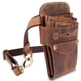 Darcis Hairdressing Bag Brown Extra Large Real Cowhide Leather Individually Adjustable Strap Robust Scissors Bag with Fixed Press Studs