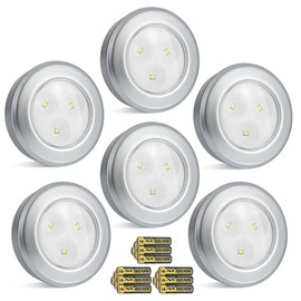 HONGUT LED Puck Lights, Battery Operated, Tap Light, Stick on Lights, Under Cabinet Lighting, Closets, Shelf Lights，Garage and More,6-Pack, Silver (18 AAA Batteries are Included)