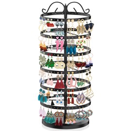 iDavosic.ly 6 Tier Metal Rotating Earring Holder Organizer, 264 Holes Large Stud Storage Display Stands Tree Rack, Adjustable Pierced Hoop Dangle Tower for Women, Black