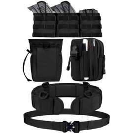 Roof Ren Survival Game Belt, Tactical Belt, Molle Equipment, Set of 7, Magazine Pouch, Mag Pouch, Pistol, Holster (1. Black, 4 Pieces + Mag Pouch)