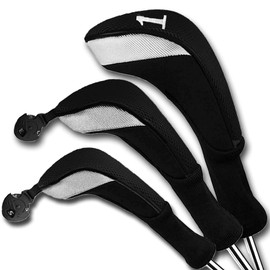 FINGER TEN Golf Club Head Covers for Wood Long Sock Driver Hybrid Fairway Value 3/4/5 Pack, Headcovers with Interchangeable No. Tag Novelty Color Blue Black Red Fit Woods Clubs (Black-3 pack)