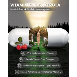 NATURE ELEGANCE Natürliches Vitamin C aus Acerola – Hochdosiert & vegan – 180 Kapseln für 6 Monate – Ohne Zusätze – Gepuffert & gut verträglich – Vitamin C hochdosiert in Deutschland produziert