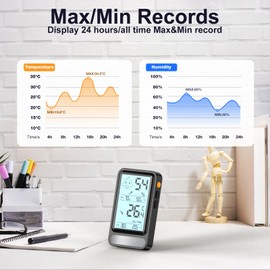 PAIRIER Digital Thermometer Hygrometer Indoor Temperature and Humidity Meter Large LCD Screen with Lighting MIN/MAX Records Room Thermometer for Living Room Greenhouse (Black)