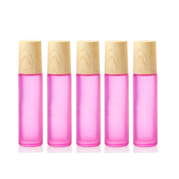 Essential Oil Roller Bottles,5 Pack 10ml Colorful Frosted Glass Roller Bottles with Stainless Steel Roller Balls,Wood Grain Lid Perfume Roll on Bottles Lip Balms Container (Pink frosted)