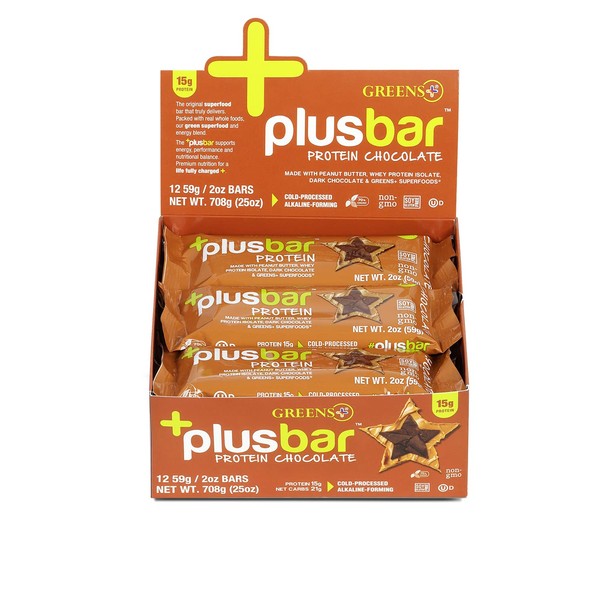 Greens+ Plusbar Protein Chocolate | Gluten Free Whey Protein Bar | Organic Greens | Organic Dark Chocolate | Non GMO | 12 Bars