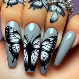 Grey Press on Nails Long Square Fake Nails Butterfly Glue on Nails Glossy Stick on Nails Full Cover Artificial Acrylic False Nails Multiple Colors to Choose from Reusable Nails Kit for Women Girl