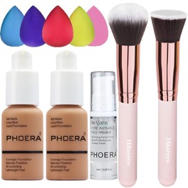 PHOERA Foundation Makeup for Wome Full Coverage Foundation Set,Face Primer Foundation Brush Powder Brush,5 Makeup Sponge,30ml PHOERA 24HR Matte Oil Control Concealer (107- Hone)