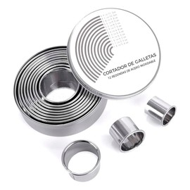 U Chef Set de Cortador de Galletas Redondo de 12 piezas, Círculo Graduado para Pastelería, Moldes de Anillo de Acero Inoxidable 18/8, Accesorios de Repostería y Hornear.