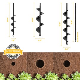 Auger Drill Bit for Planting 3 Pack with Extension - Spiral Hole Planter for Bulbs, Fence Posts, and Umbrella Holes - 3/8'' Hex Drive Drill- Gardening Hole Digger Yard Tools - Garden Drill Attachments