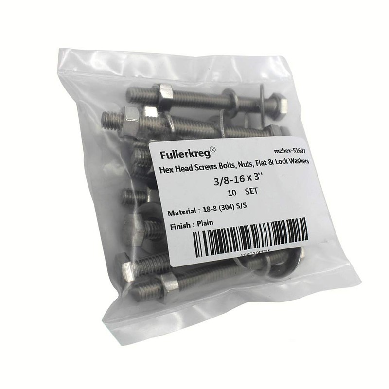 (5 Sets) 3/8-16x3 Stainless Steel Hex Head Screws Bolts, Nuts,