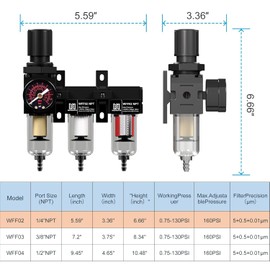 NEWPO 1/4" NPT Air Drying System,Air Filter Pressure Regulator for Spray Guns and Pnuematic Tools, Air Dryer for Compressor, 5＆0.5&0.01 Micron Filter Cartridge,Semi-Auto Drain (Black)