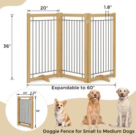 Wire Dog Gate Solid Wood Frame, Anti-Chewing, 3-Panel, 36" Height, 60" Width, Indoor Freestanding Pet Gate Foldable Wooden Dog Fences for Stairs, House, Doorway, Oak Color