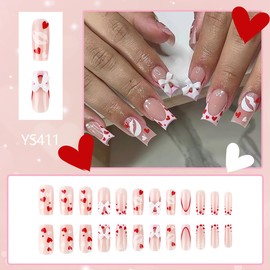 24Pcs Long Coffin Press on Nails Pink French Tip Fake Nails with Red Heart Full Cover Tip Glue on Nails Glossy Pink Nail Design Cute Bow False Nails Stick on Nails for Women Acrylic Nail Accessories
