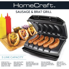 Homecraft Electric Sausage & Brat Grill with Oil Drip Tray, Carry Handle, and Cord Storage, up to 5 Links of Beef, Turkey, Chicken, Veggie Sausages, or Hot Dogs