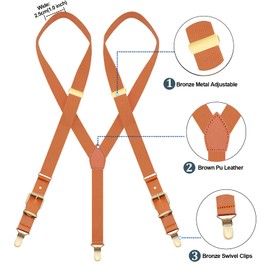 MENDENG Adjustable Suspenders for Men Bronze Metal Clips Braces with Leather, Brown/Brown Leather Clips, One Size