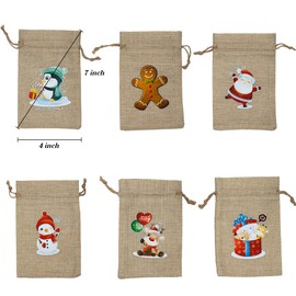 ARTLYMERS 24 Pack Christmas Jute Burlap Bags, Christmas Drawstring Gift Bags for Xmas Presents Holiday Party Favor Treats Candy, 6 Designs