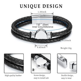 memorial jewelry Cremation Bracelet with Magnetic Clasp Beads Cowhide Leather Multi-Layer Braided Leather Urn Bracelet for Men Women, Stainless Steel, No gemstone