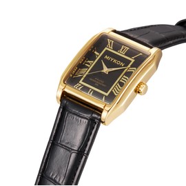 Classic Rectangular Leather Strap Watches for Men - 38mm Ion Polished Men Watches with Scratch Resistant Glass - 100ft Water Resistant Men's Wrist Watches (Gold Case, Black Dial, Roman Numerals)