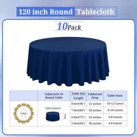 REWOMC 10 Pack Round Tablecloths - 120 Inch, Navy Blue Polyester Table Cover, Stain and Wrinkle Resistant Washable Fabric Table Cloth, Polyester Tablecloth for Wedding Banquet Parties