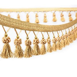 Yalulu 4 Yards Border with Tassels, Fabric Tassel Fringe, Hanging Ball Fabric Band, Fringe Tape, Ball Tassel Trimming, Tassel Trim, Curtain Trim, Curtain, Decorative Border (Gold)