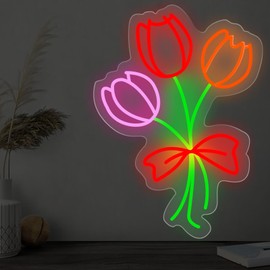 Tulip Bouquet Neon Sign, Flower Plant Sign, Floral Wall Art, Home Wall Bar Salon Decor, Flower Shop Decoration, Gift For Her,16.5"x12", Red Bow
