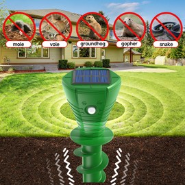 Solar Powered Mole Repellent, 4 Pack Ultrasonic Vole Repeller Outdoor, IP65 Waterproof Snake Deterrent, Gopher Remover Devices, Skunk, Groundhog Repellent for Yard, Garden, Lawn