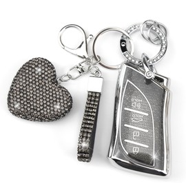 YIKECASE Key Fob Cover with Diamond Keychain Car Key Holder Case Compatible with Lexus ES350 ES300h UX200 LS500 LS500H LC500 LC500h Smart Remote Key Protector for Women, 4 Buttons (Black-Heart)