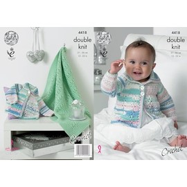 King Cole Baby Double Knit Crochet Pattern Lace Effect Coat & Blanket Cherished DK (4418)