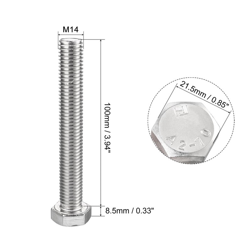 sourcing map M14 Hex Bolt M14-2 x 100mm 304 Stainless