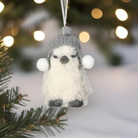 The Bridge Collection Winter Hat Snowbird Ornaments - Set of 3 - Furry White Bird Ornaments for Holiday Decor - Animal Christmas Tree Ornaments