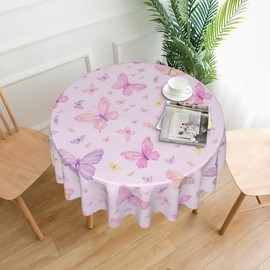PINEPAL Pink Butterfly Round Tablecloth 60 Inch Winter Christmas Decorations Xmas Decor Washable Water Wrinkle Resistant Round Table Cloth for Home Kitchen Dining Room Picnic Holiday Party