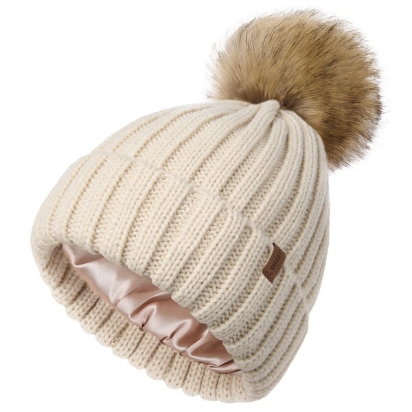 FURTALK Womens Winter Beanie Hat Satin Lined Faux Fur Pom Pom Beanies Hat for Women Winter Warm Knit Hats Beige