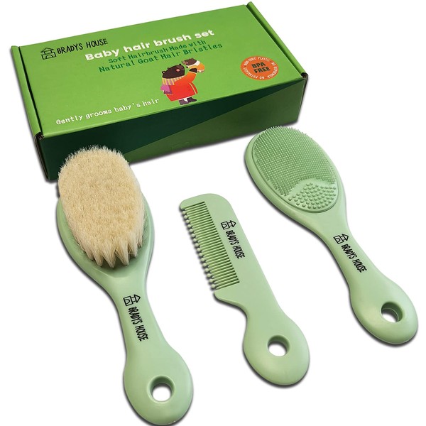 BRADYS HOUSE - 3 Piece Baby Hair Brush & Comb Set for Newborns- Soft Goat Bristle Hair-Brush, Silicone Bath Brush and Plastic Comb for Infant, Toddler, Kids - Baby