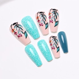 Medium Press on Nails Coffin Pink Blue Fake Nails Lines Flowers Designs Green Dots Glue on Nails Fall-Winter Nails Press ons Glossy Manicure for Girls Artificial False Nails Art 24Pcs