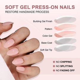 Pink Press on Nails Short Almond Shaped Glue on Nails Glossy Solid Color False Nails Golden Line French Thickened Fake Nails Full Cover Acrylic Nails for Women Nail Accessories 30 Pcs