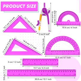 Zonon 1 Set Plastic Geometry Math Set 7 Pcs Includes 6'' / 4 '' Protractor, Drawing Compass, 45/60 Degree Triangle Rulers, 12'' / 6'' Math Ruler Transparent for Office Supplies(Purple)