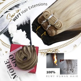Moresoo Weft Hair Extensions Human Hair Sew in Double Weft Hair Extensions Dark Brown with Caramel Blonde Human Hair Bundles 22 Inch 100g/Pack #P4/27