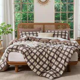 TISPLR Queen Comforter Set Plaid 3 Pieces Soft Crinkle Gauze Fabric Plaid Bedding, Vintage Style Checkered Gingham Comforter Set for All Seasons Luxury Warmth Comfy Breathable with 2 Pillowcases