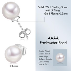 KRKC Pearl Earrings, Round White AAAA+ Freshwater Real Pearl Earrings for Women, 14k White Gold Earrings, Hypoallergenic Earrings with Handpicked Genuine Cultured Pearls, Classic Bridal Stud Earrings, Gifts For Girls Wife, 5.0-5.5mm