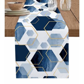 Abstract Cotton and Linen Table Runner 60 Inches, Retro Modern Lines Blue Dresser Decor Table Runners for Dining Party Holiday Wedding Table Decoration