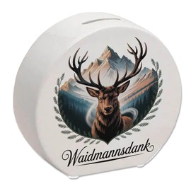 Waidmannsdank Hirsch vor Bergkulisse Spardose für Jäger dekorative Sparbüchse mit Spruch - für Jäger und die Jagdhütte